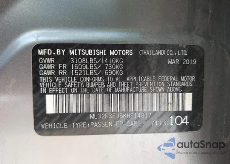 2019 Mitsubishi Mirage G4 Es z USA, uszkodzony, nr VIN ML32F3FJ5KHF14817